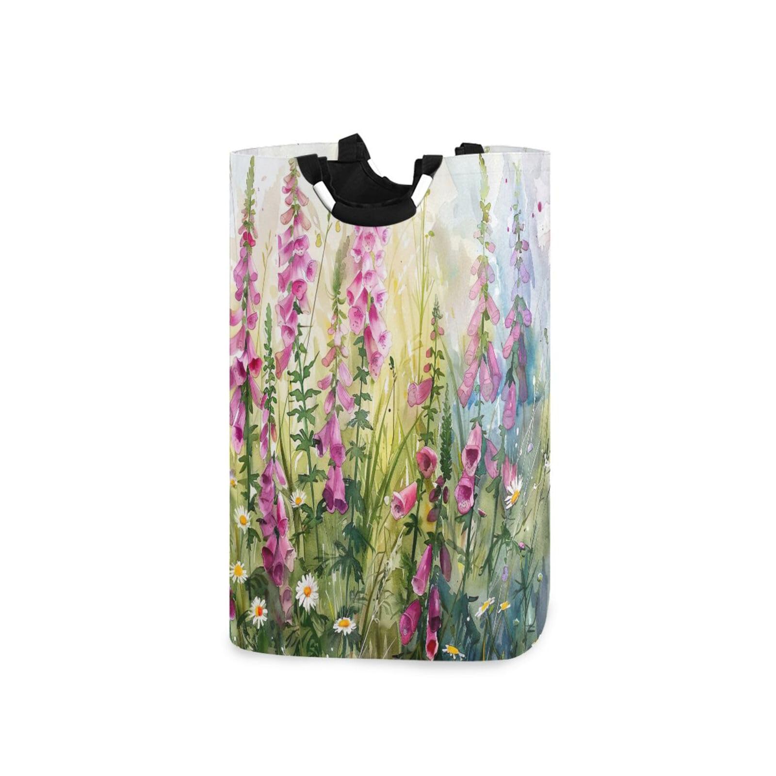 Jihqo Laundry Hamper Basket Wildflowers Painting Collapsible Nursery Storage Bin Waterproof Clothing Baskets for Home Bedroom Bathroom Washing Room