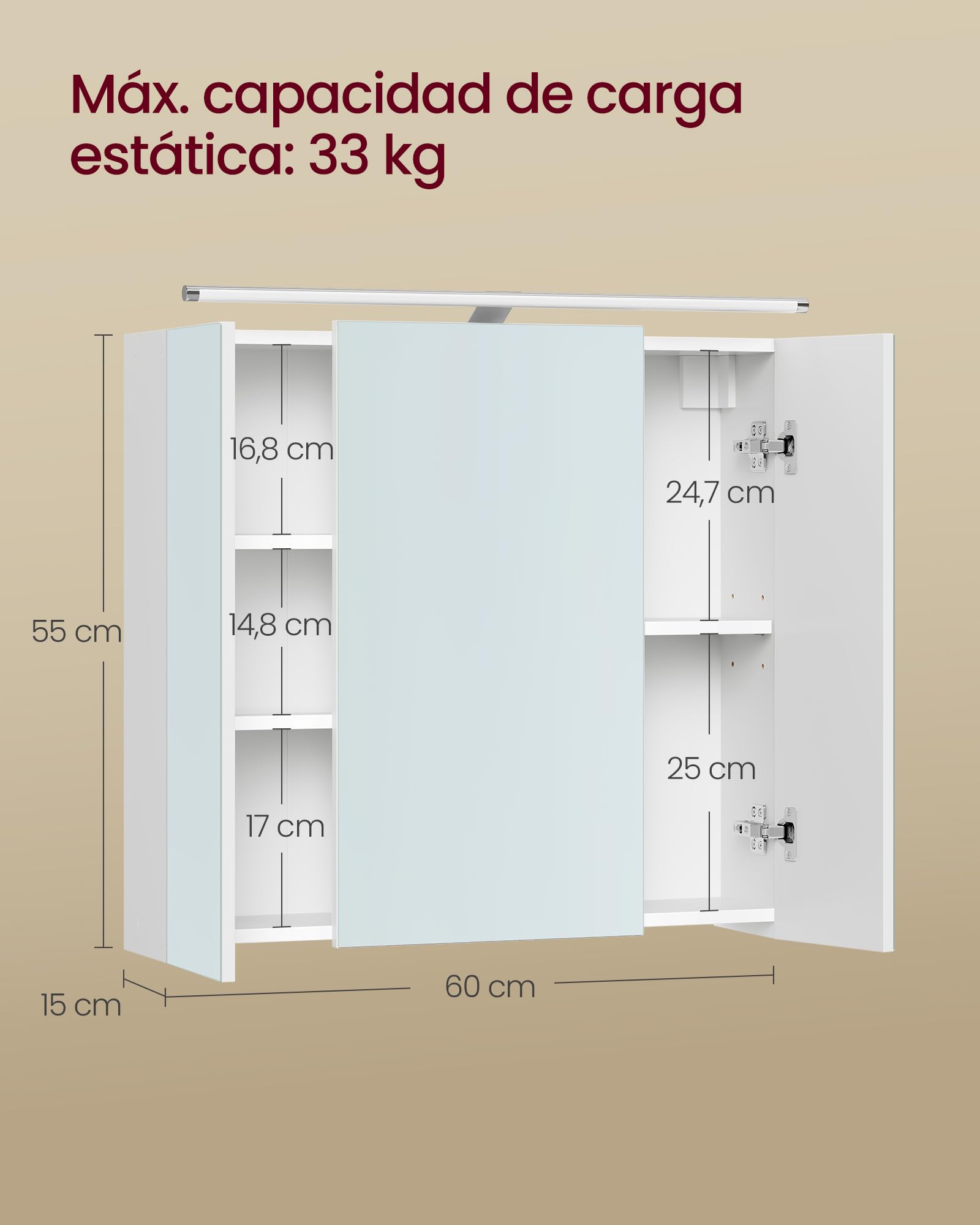 VASAGLE Kailyn Colección - Armario de Baño de Pared con 3 Puertas con Espejo e Iluminación, Estantes Ajustables, Estilo Moderno, 15 x 60 x 55 cm, Blanco Nube BBK138WB01