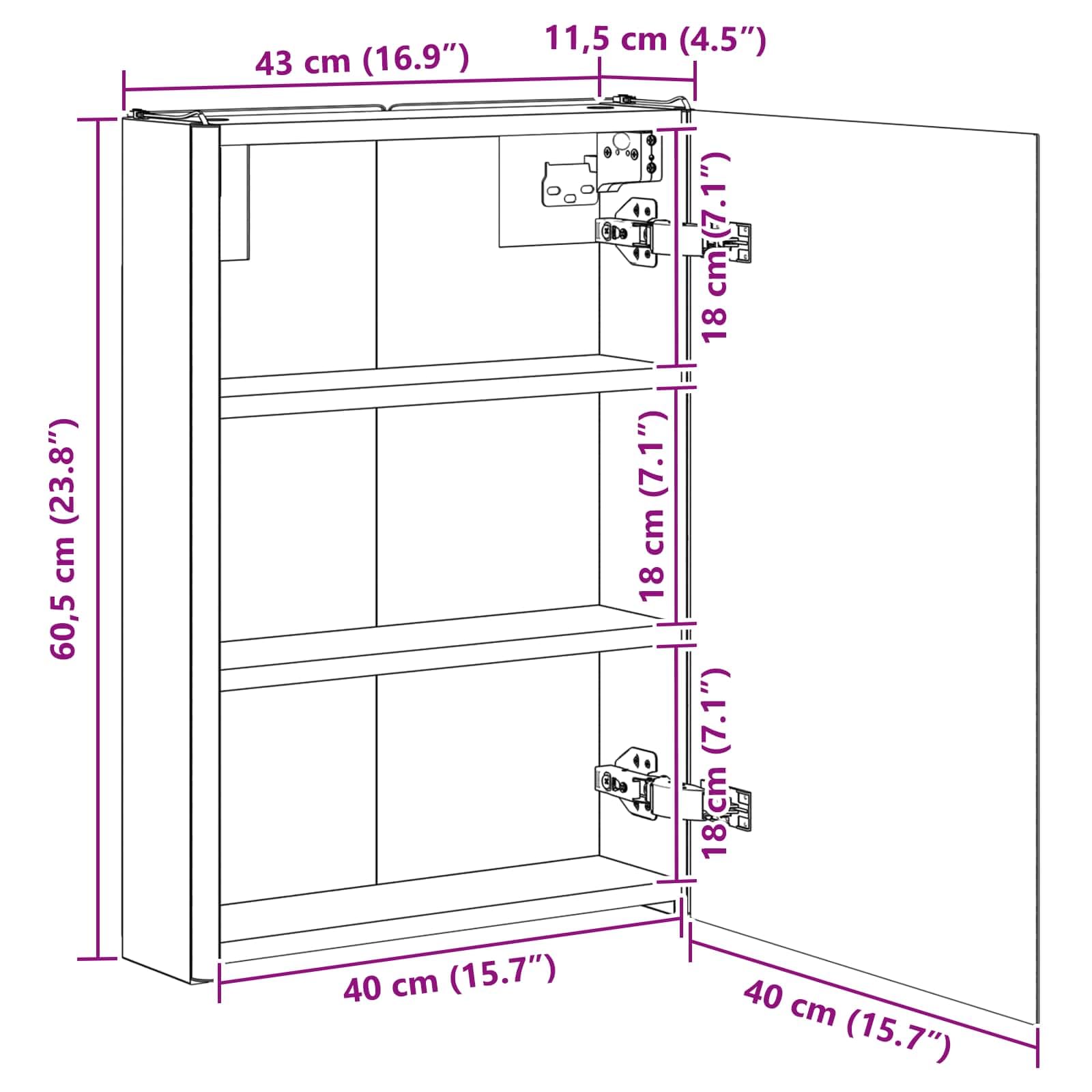 Szafka łazienkowa z lustrem Sonoma dąb z materiału drewnopochodnego 43 x 11,5 x 60,5 cm z oświetleniem LED, montaż na ścianie, regulowane regały, miejsce do przechowywania