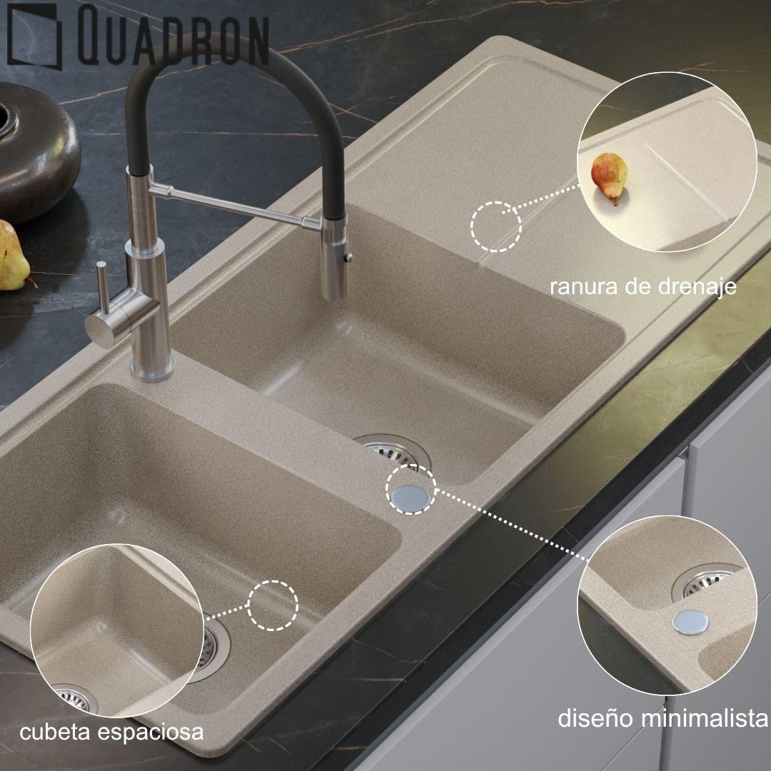 QUADRON NEAL 121 Fregadero de granito para cocina, tamaño: 116 x 50 x 20,5 cm, color: beige, fregadero de cocina de un seno, fregadero de cocina de dos senos, fregadero de dos cámaras con sifón manual