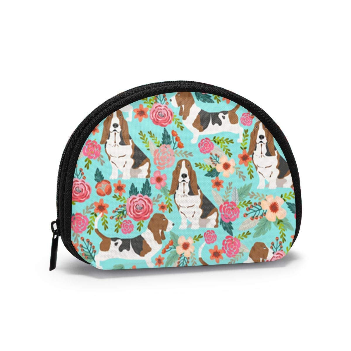 Basset Hound Florals Semicircle Zipper Wallet Money Change Purse