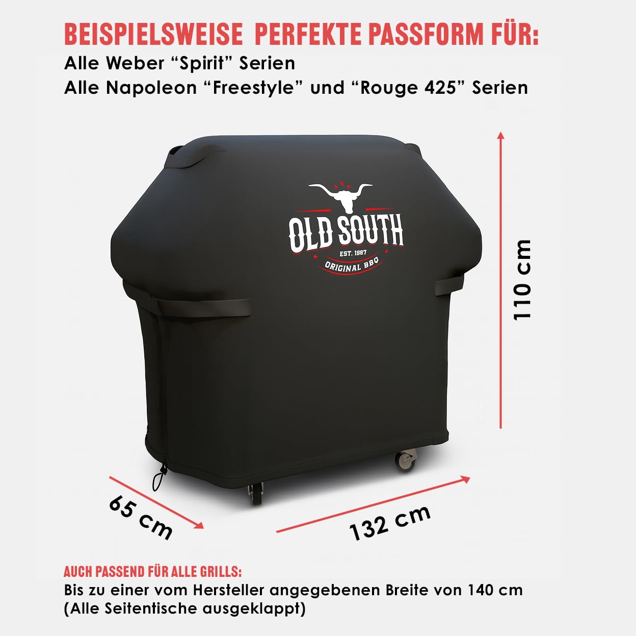Old South - Copertura per barbecue resistente alle intemperie – Copertura per barbecue Weber, Napoleon, Enders, Rösle Gasgrill – Copertura impermeabile (132 x 65 x 110 cm)