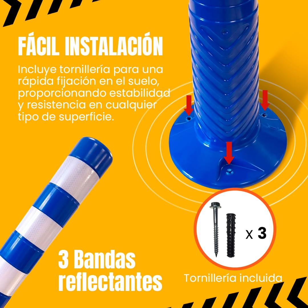 PARKING FACIL Bolardo de Señalización con Bandas Reflectantes | Hito de 75 cm | Pilona Resistente para Parking | Bolardos para Parking | Postes Separadores, Incluye Tornillería para Fijación | 1 Azul