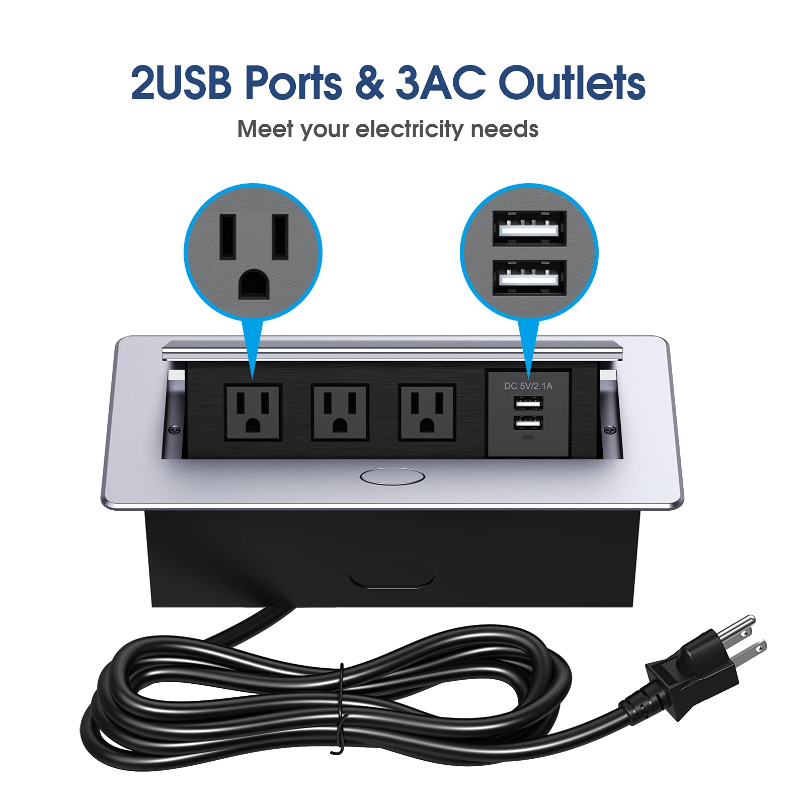 KYHSHJ Connection Box Desktop Pop Up Outlet with 2 USB Ports & 3 Outlets (Silver)