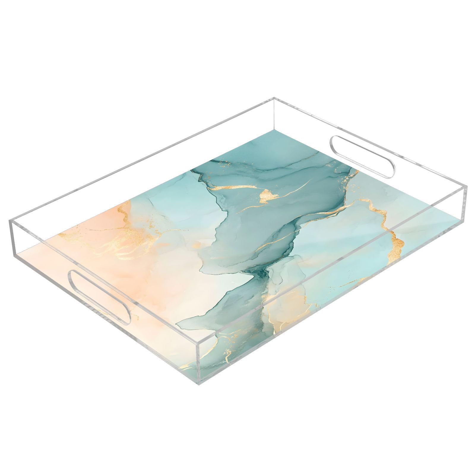 BOESI Green Marble Pattern Acrylic Decorative Dining Tray, Acrylic Decorative Tray Organizer with Handle for Kitchen, Dining Room, Bathroom, Dresser