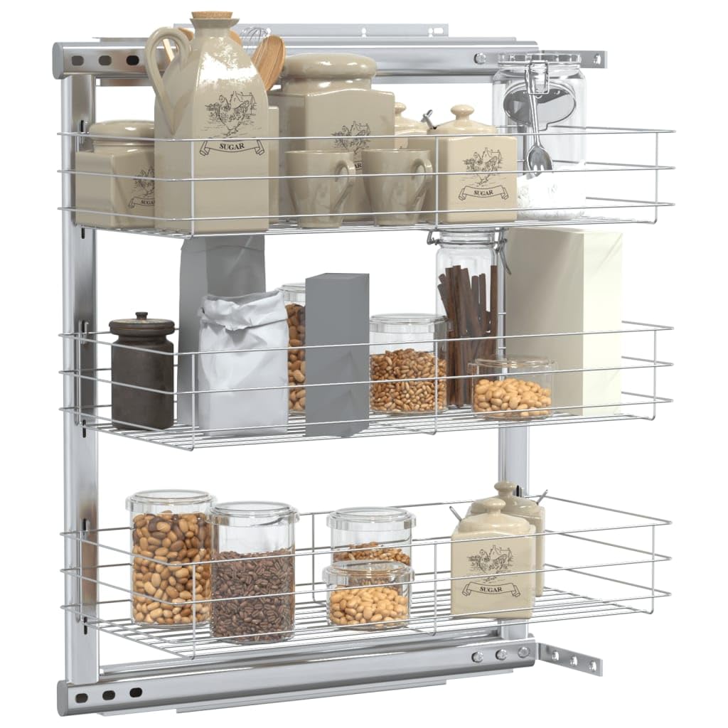 Cesta de alambre de cocina extensible de 3 niveles, color plateado con 3 estantes, 47 x 25 x 56 cm, alambre galvanizado, organizador de cocina para soporte para cubiertos, utensilios, bandeja