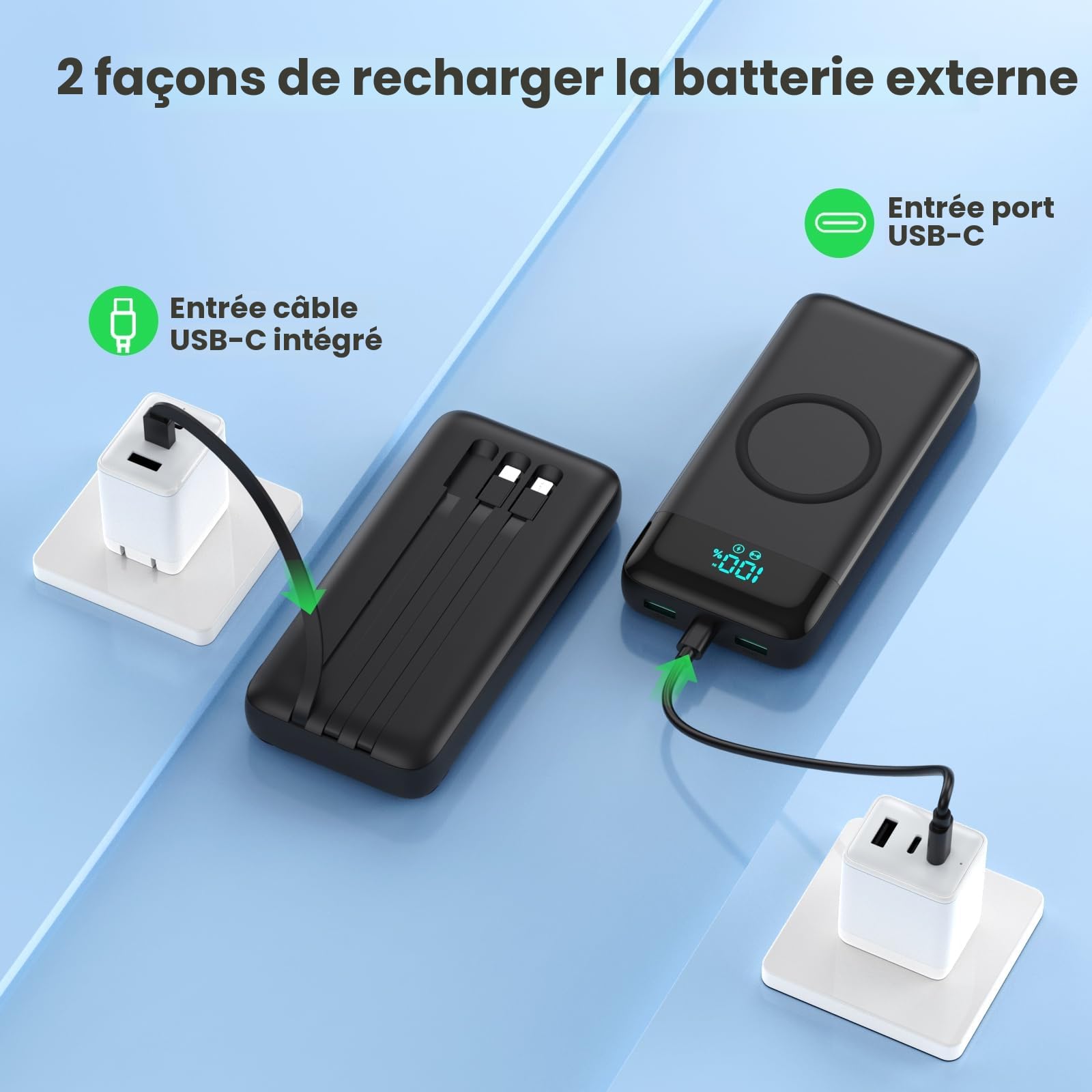 Batterie Externe sans Fil 26800mAh, 7 en 1 Powerbank Fast Charging avec 3 Ports et 3 câbles, 25W PD3.0+QC4.0 Chargeur Externe Portable avec écran LCD Compatible avec iPhone Huawei Samsung Xiaomi