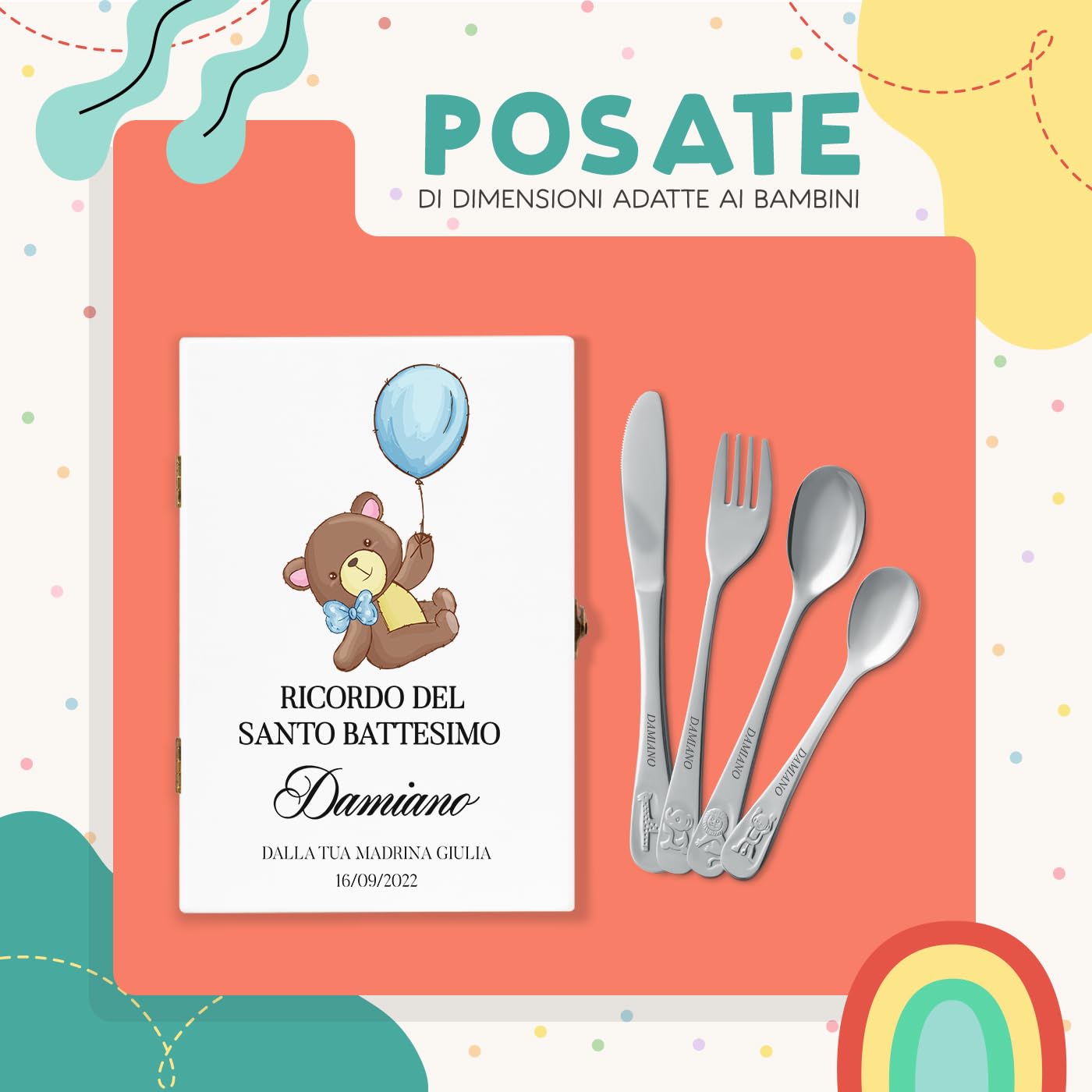 Maverton Set di 4 posate per bambini con incisione + scatola in legno con stampa personalizzata - motivo animali - idee regalo per il battesimo bimbo - pensiero