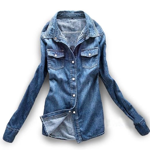 AvaCostume Women's Long Sleeve Double Pocket Slim-fit Jean Denim Shirt
