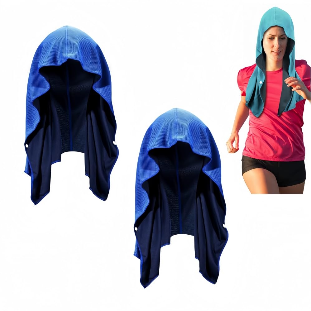 WQHSXXIA 2 Pack Cooling Hoodie Towels, Quick Dry Sports Cooling Towel for Neck and Face, Instant Cooling Ice Towels for Gym, Beach, Camping Sun Protection & Cooling Headband Scarf (Blue)