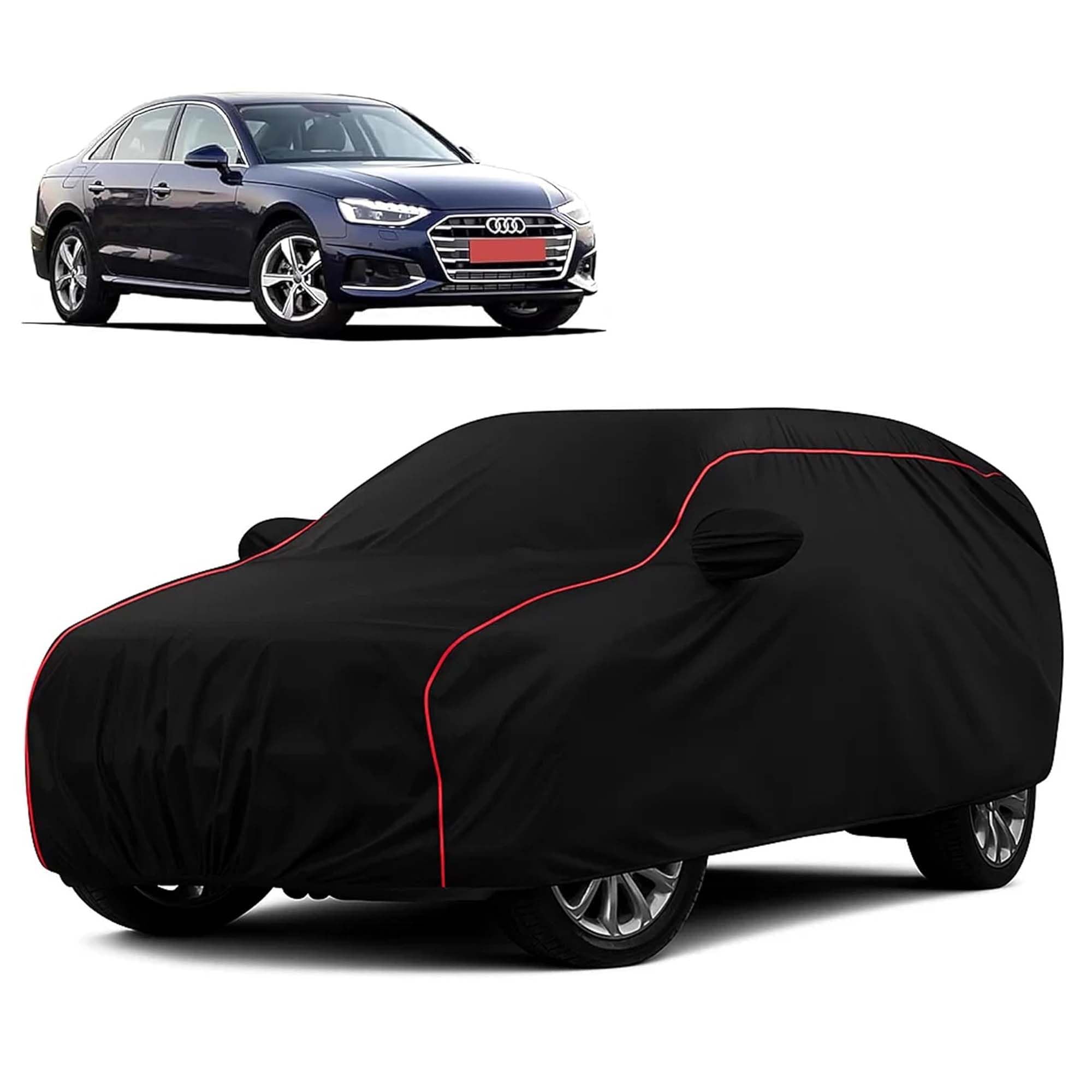 Sulfar 100% Water Resistant Car Body Cover Compatible with Mirror for Audi A4 (Triple Stitched, Full Bottom Elastic, Black with Red Piping)