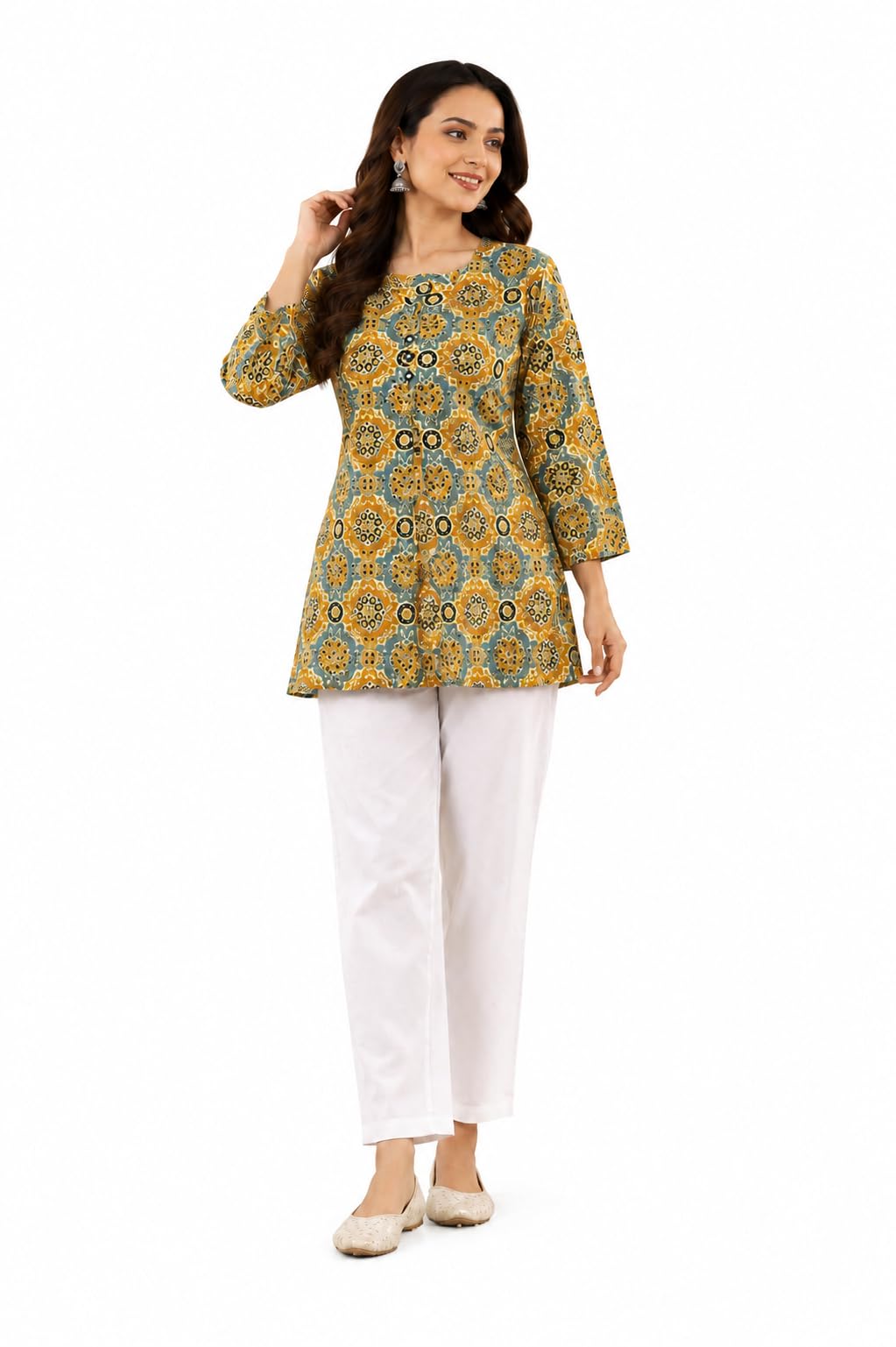 AvaShyaa Enterprise Women's Cotton Printed Straight Tunic | Mustard & Teal Floral Ethnic Print | Round Neck Button Placket | Casual, Office-picture-12