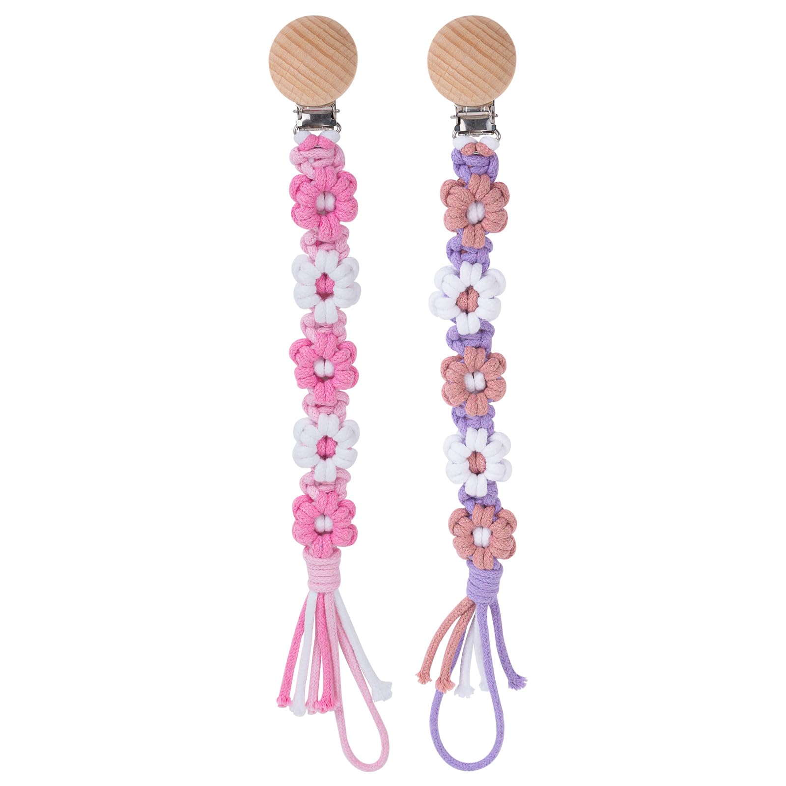 Symbolife Pacifier Clip for Boys Girls Floral Daisy Macrame Baby Paci Clip Pacifier Holder Leash Boho Wooden Clips Handmade Braided Cotton Binky Clips