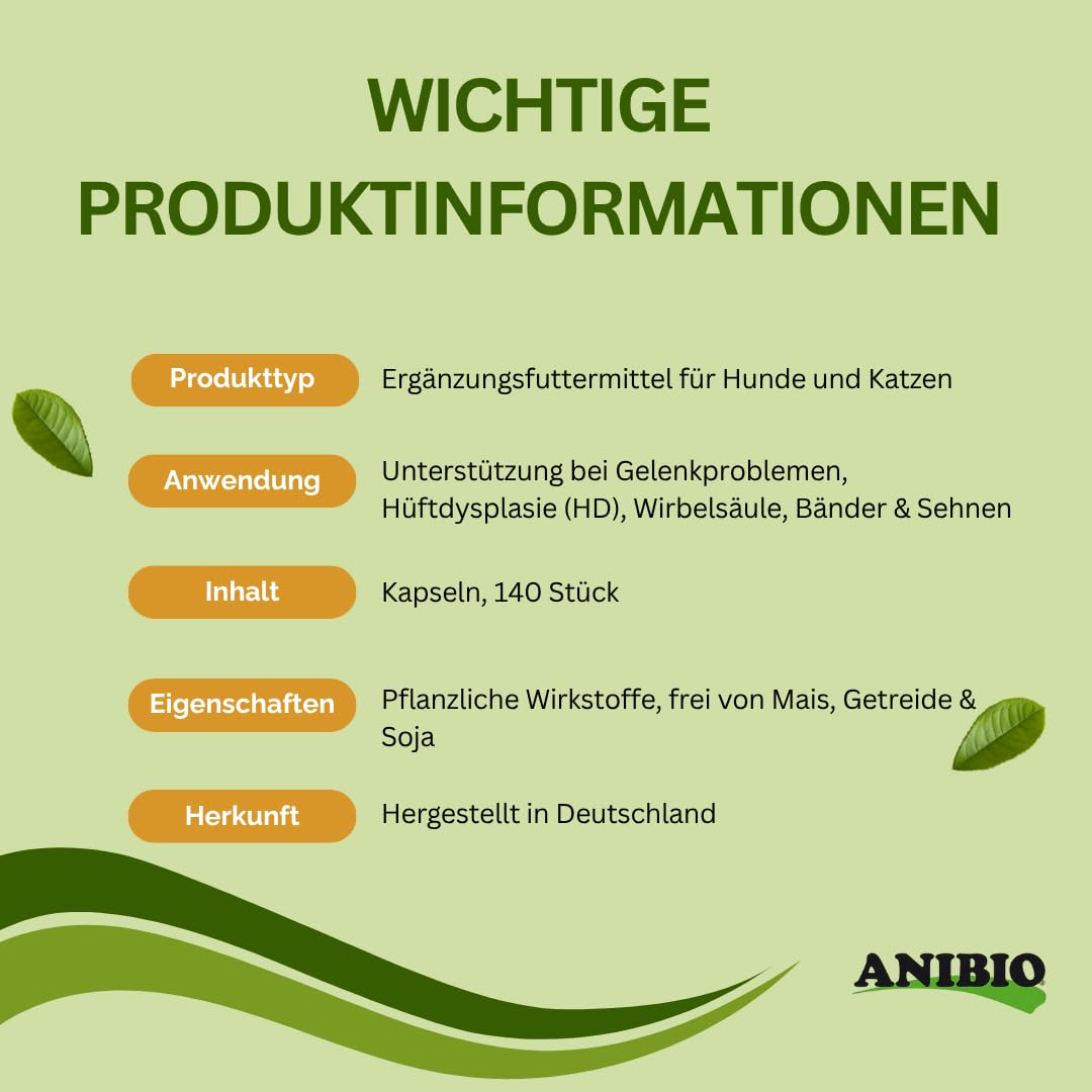 Anibio Anticox-HD Classic 140 Kapseln K Gelenk- & Beweglichkeits-Kapseln für Hunde & Katzen – Pflanzliches Ergänzungsfuttermittel bei Gelenkproblemen, HD, Arthrose, Sehnen & Bänder