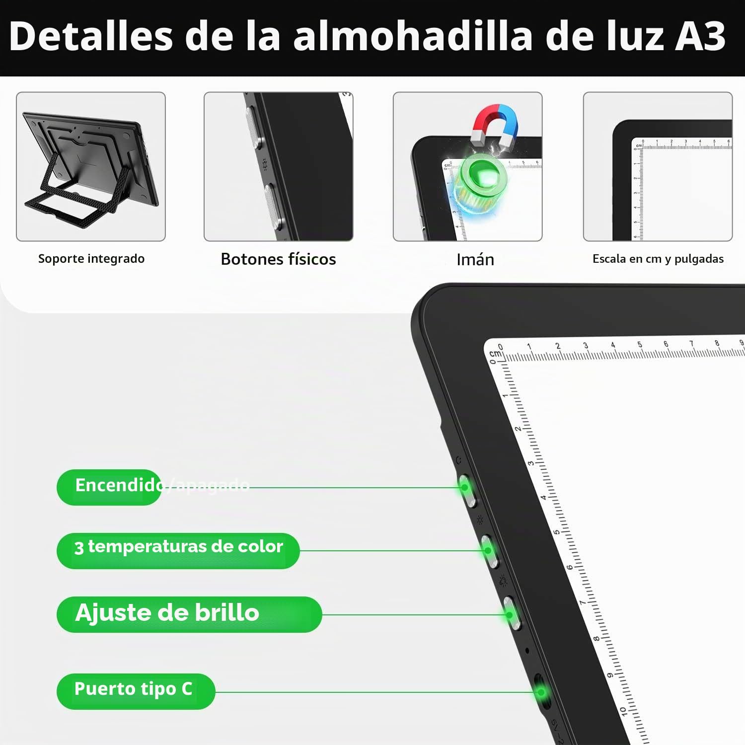 Zocelight Tablero de luz recargable A3 con bolsa y soporte, caja de luz magnética superbrillante para trazar, diseño de botón lateral, almohadilla de luz para pintura de diamantes, bocetos, vinilo de