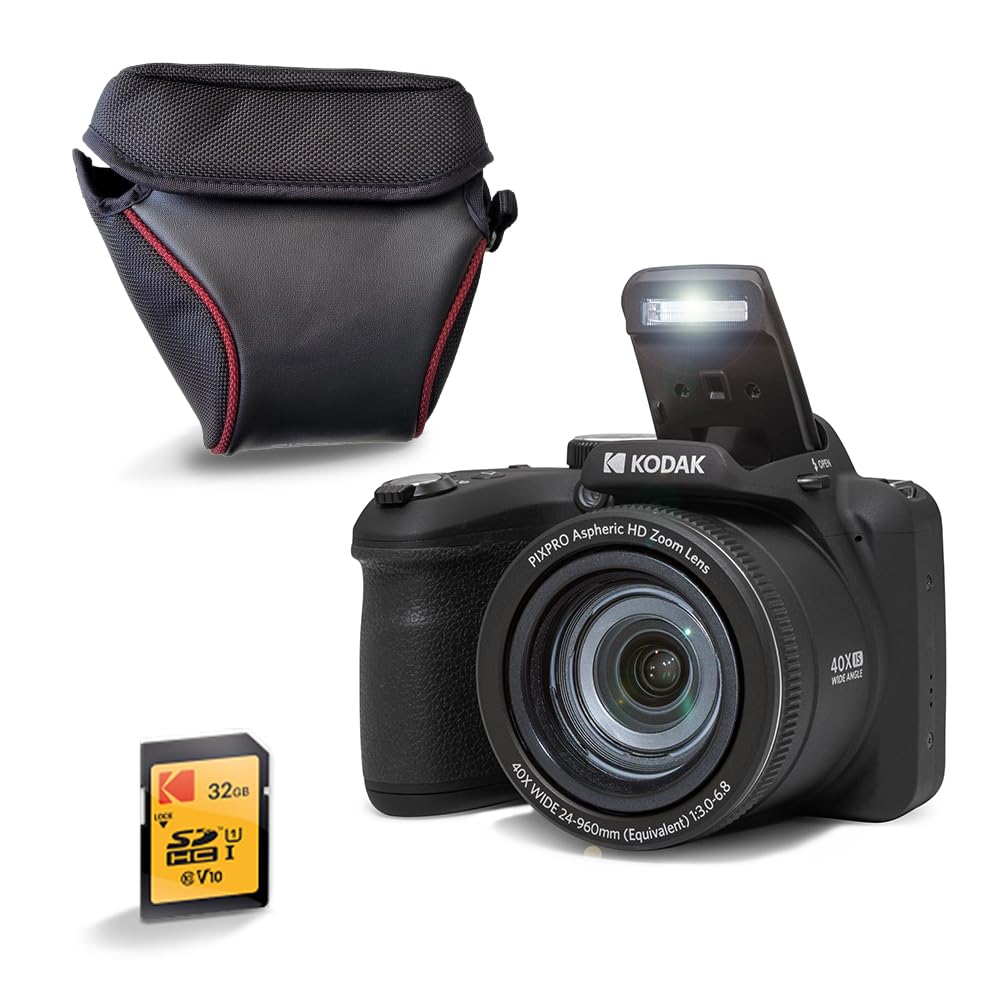 KODAK Pixpro AZ405 Bridge 20MP, Zoom X40, Gran Angular de 24 mm, Full HD 1080p, OIS, LCD de 3 Pulgadas, Funda + Tarjeta SDHC 32 GB U1, Pila AA - Negro