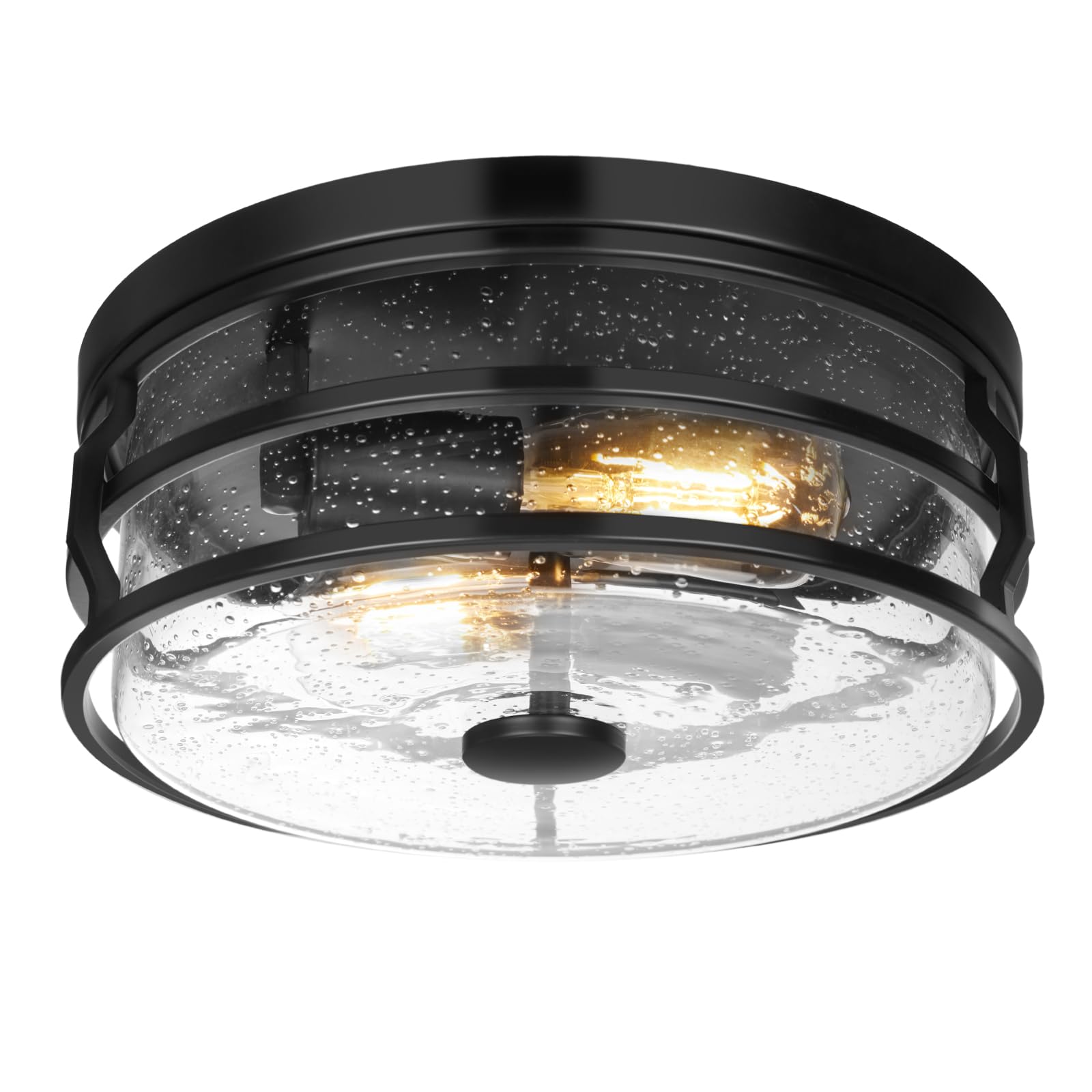 Flush Mount Ceiling Light Fixture, 12 Inch Close to Ceiling Light with Black Metal Cage, Modern Industrial Ceiling Lamp with Seeded Glass for Kitchen Hallway Bedroom Living Room Foyer