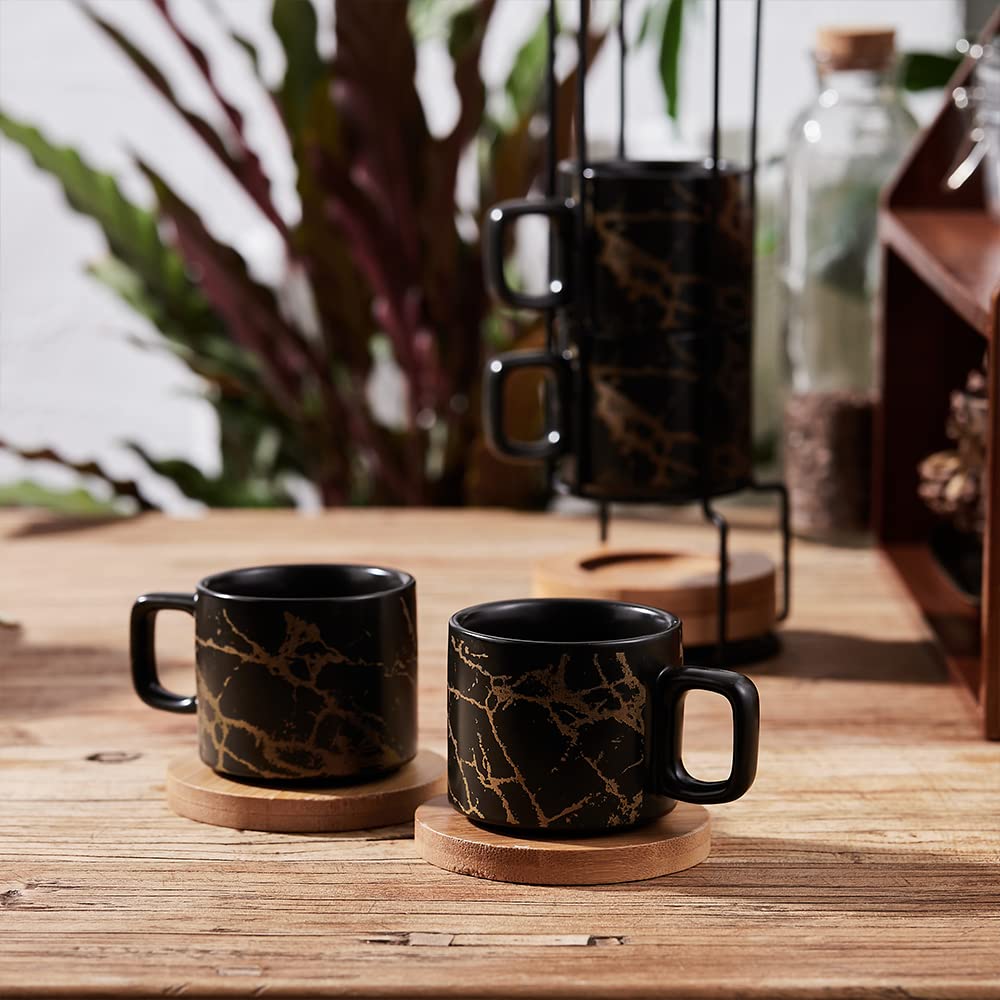 LUKA Juego de 4 tazas de café expreso de porcelana con platillo y soporte de metal, apilables, de cerámica, para café con leche, café, moca, té (juego de 4)