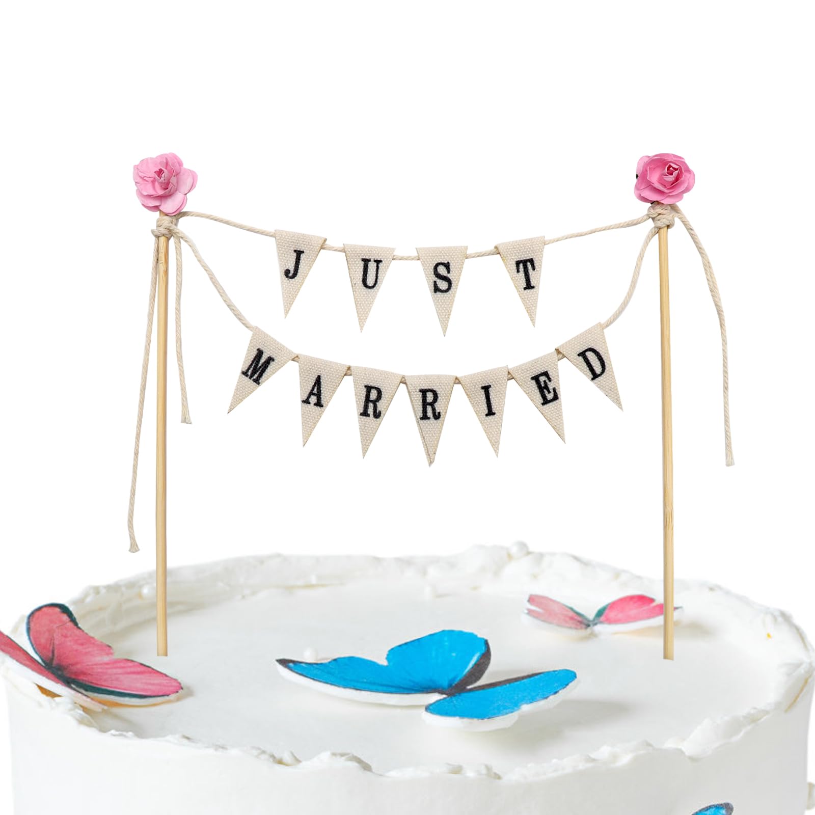 TNSLAND Cake Topper Wedding Just Married Garland Vintage Wedding Cake Decoration Cake Topper Wedding Mini Bunting Just Married Sign Cake Decoration Wedding Cake Topper (with Pink Rose) 1 Piece