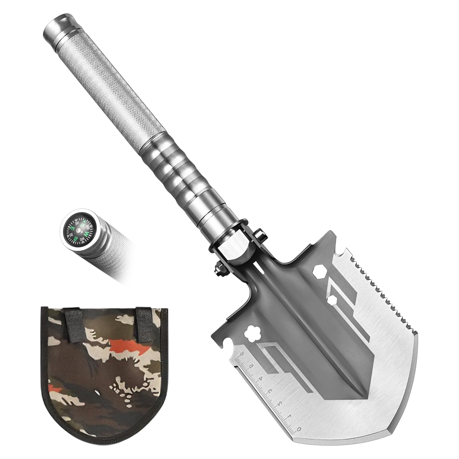 Upgrade Folding Camping Shovel, Multi-Tool Style Survival Shovel with Compass, Stainless Steel Portable Shovel for Hiking, Camping, Gardening, Emergency (A)