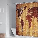 Banemi Rideau Baignoire, Rideau de Douche Tissu Brun Carte du Monde Rétro Rideau de Douche Salle de Bain 165X200cm