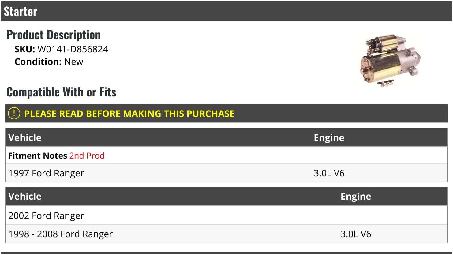Starter - Compatible with 1997-2008 Ford Ranger 3.0L V6