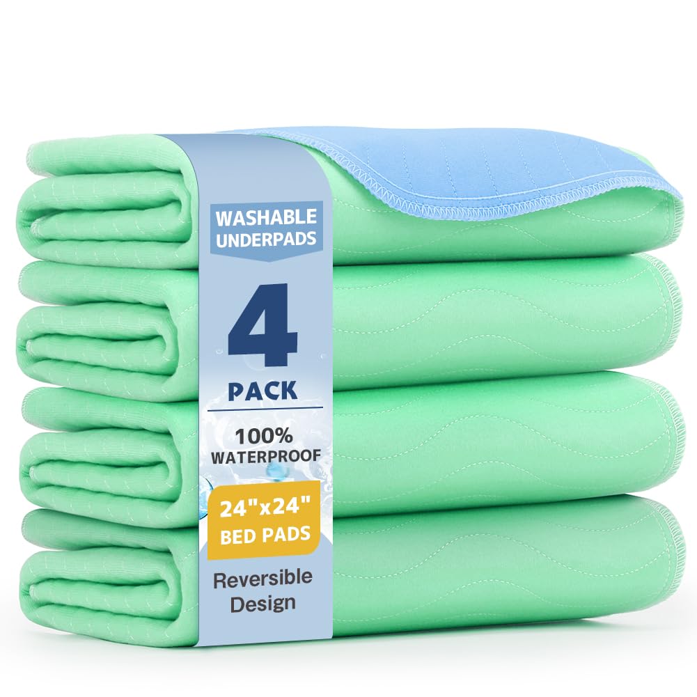 Washable Underpads 24"x24"(4 Pack)– Dual-Sided &amp; Ultra-Thick, Heavy Duty Waterproof Nursing Pads Incontinence Bed Pads, Reusable Washable Pee Pads for Dogs, Diaper Changing &amp; Adults Pads