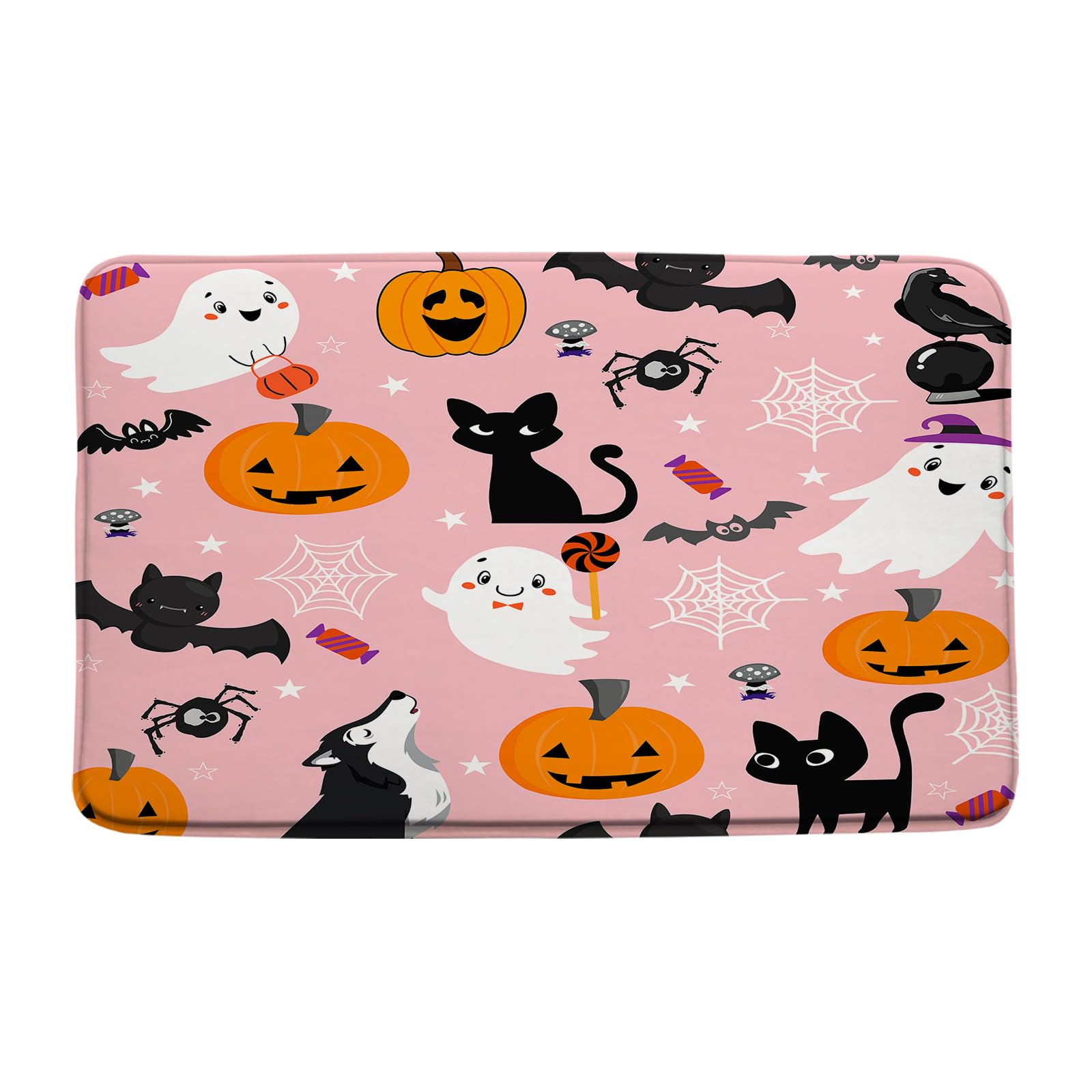 Sunhe Halloween Bath Mat Cute Cartoon Ghost Black Cat Bat Pumpkin Spider Web Spooky Horror Funny Happy Halloween Memory Foam Home Office Door Bathroom