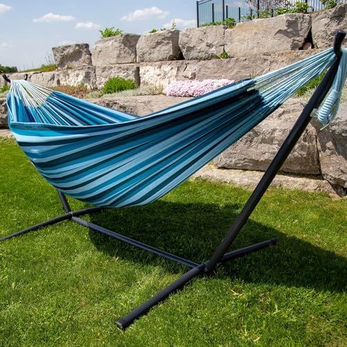 Image of Vivere Double Cotton Hammock, Space Saving Steel Stand, Blue Lagoon, 9 Ft