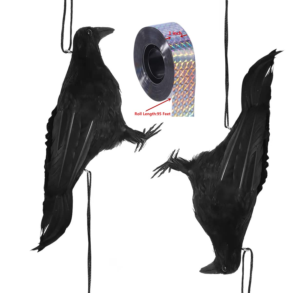ZILIN 2pcs/Pack,32cm Fake Dead Crow Lifesize Black Feathered Crow Realistic Dead Crows Combination with 95 feet Double Side Laser Tape,Great for Holiday Decoration