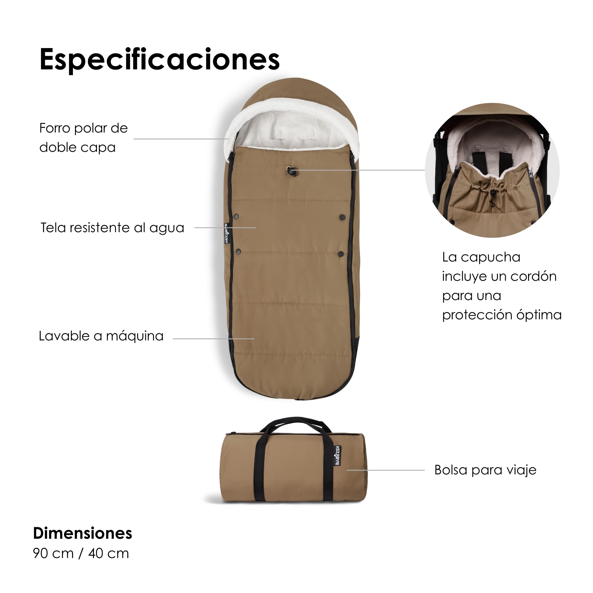 Babyzen Saco YOYO, Toffee - Forro Polar y Capucha con cordón para Mantener Caliente al bebé - Incluye Bolsa para Viaje - Lavable a máquina