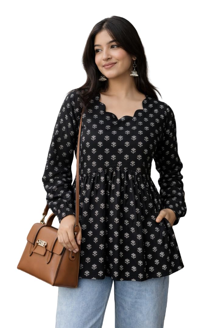 Women's Rayon Black Floral Block Print Kurti, Scallop Neckline, Full Sleeves, Gathered Fit-picture-45