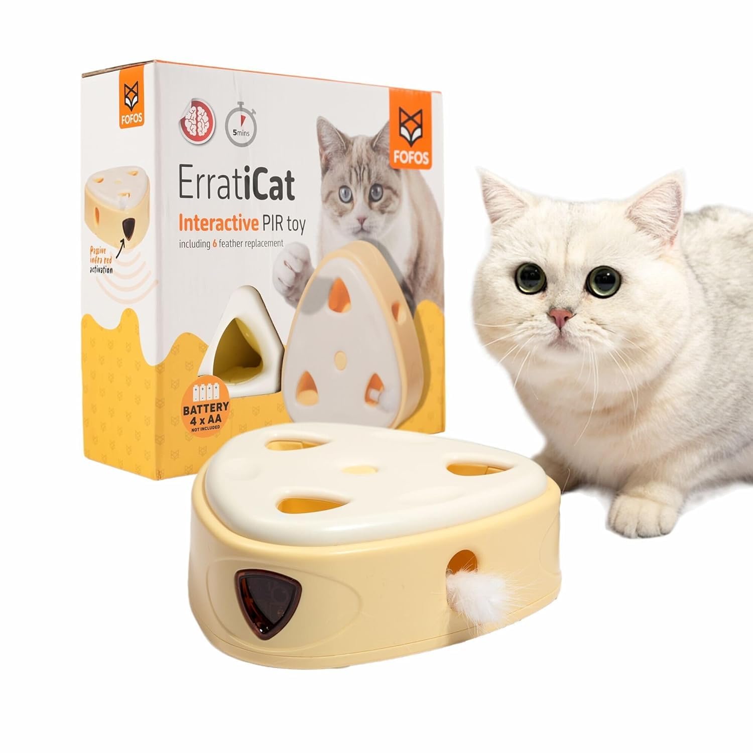 FOFOS Jouet interactif pour chats Boîte à fromage, activé par mouvement, mouvement aléatoire, plumes réelles, fonctionne sur piles, mode veille automatique