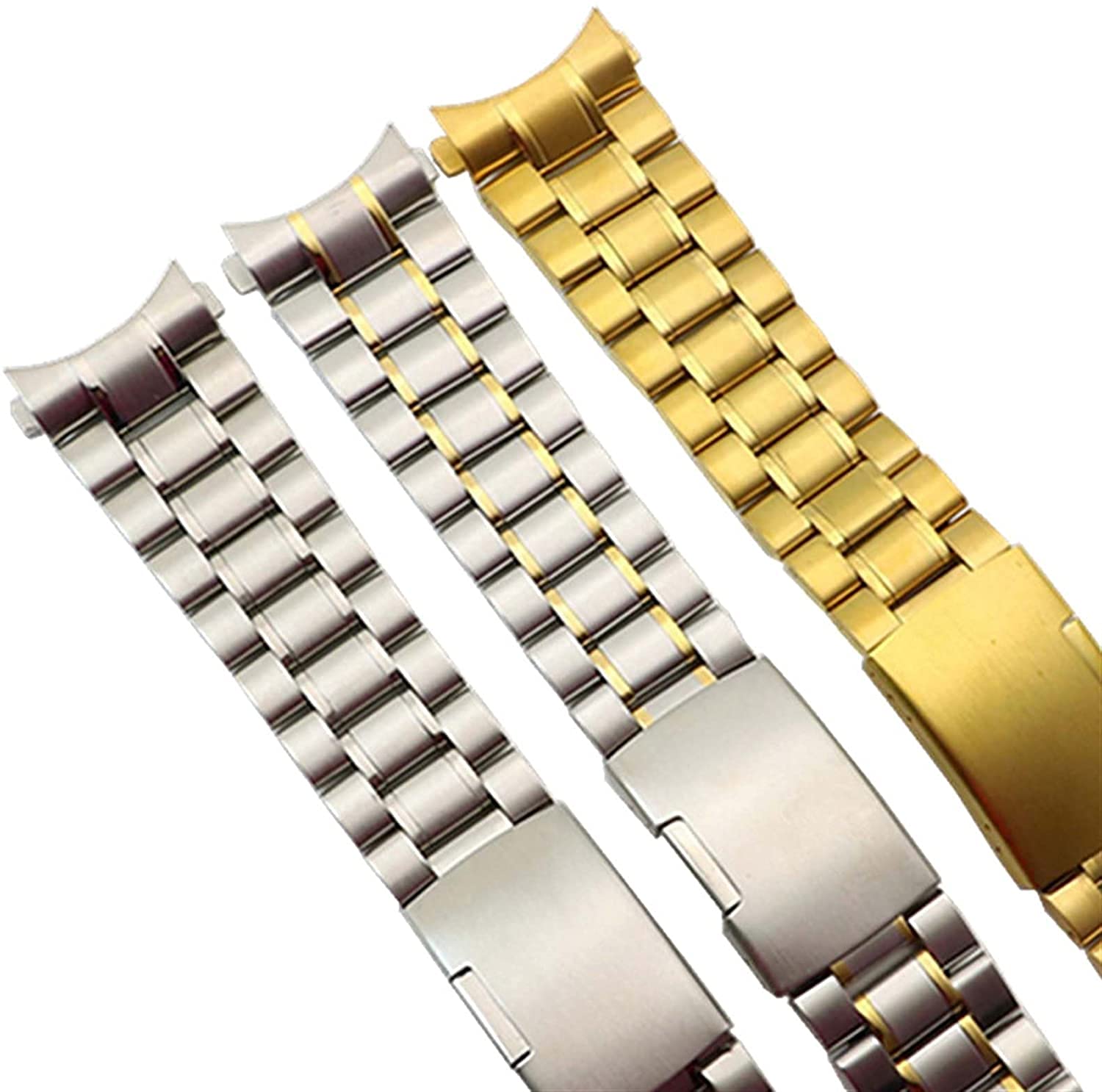 Edelstahlarmband, solides, gebogenes Ende, Schnellverschluss für 22 mm, 20 mm Metall-Edelstahl-Sicherheits-Klappschnallenband (Farbe: Silbergold mit Werkzeug, Größe: 18 mm)