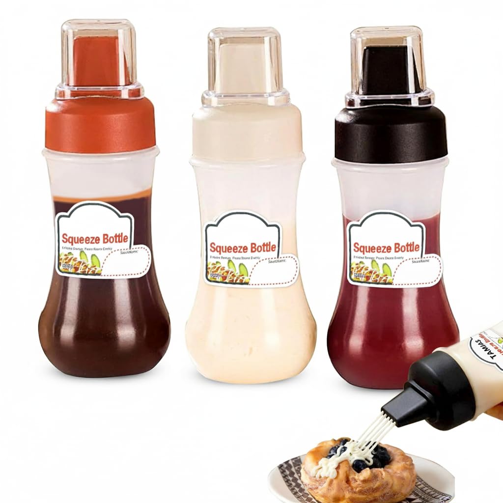 TERRIFI Plastic Condiment Squeeze Bottles, Squeeze Bottles for Sauces and Liquids, Multicolored Squirt Bottles with 5-Holes for Even Distribution of Sauces, Pack of 3
