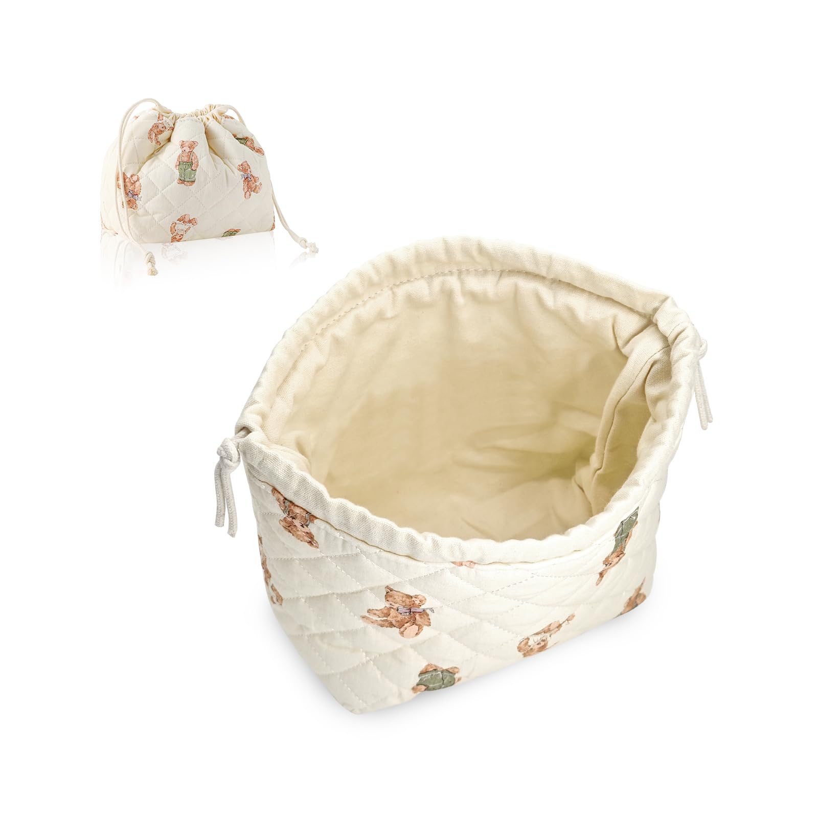 Drawstring Makeup Bag Quilted for Women Travel, Large Cosmetic Toiletry Organizer Pouch, Cute for Girls Teens, Soft Collapsible Bag for Purse Vanity