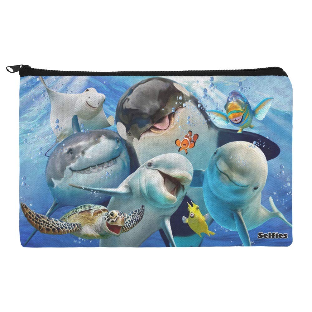 GRAPHICS & MORE Ocean Selfie Shark Dolphin Sea Turtle Stingray Clown Fish Pencil Pen Organizer Zipper Pouch Case