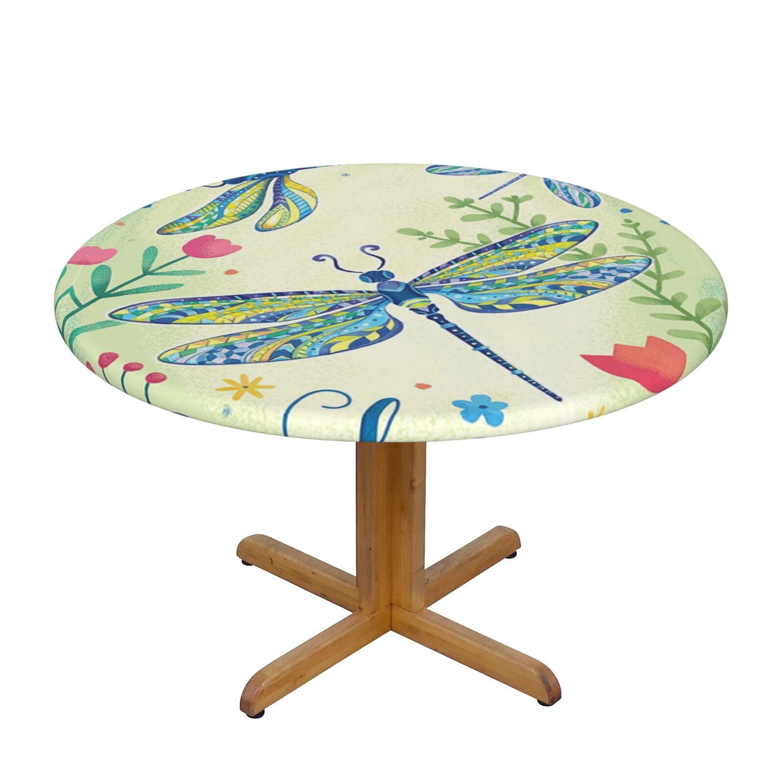 Ffshkowe Dragonflies And Flowers Elastic Round Tablecloth Oil Proof Table Cover For Dining Party Picnic