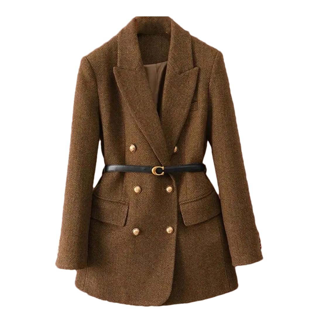 Womens Coat Autumn and Winter Thick Double-Breasted Loose Slim Belt Blazer