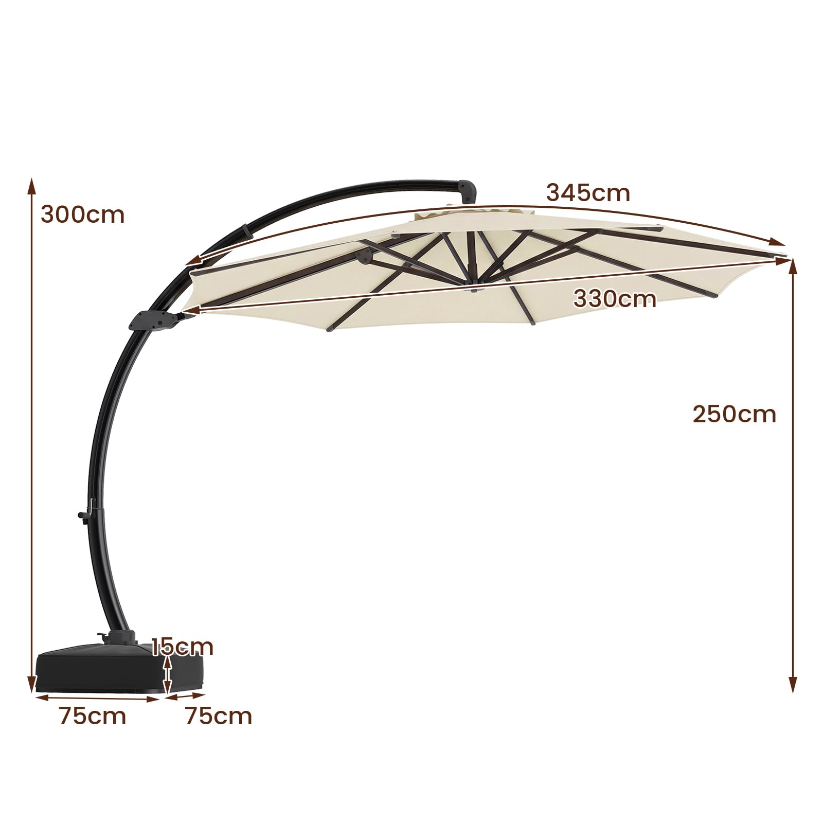 GOPLUS Parasol Déporté 330x330cm à Bras Courbé avec 4 Sacs à Sable | Grand Parasol de Jardin Exterieur Pivotant avec 8 Baleines, Résistante au Vent, Protection Solaire, pour Terrasse Patio Plage