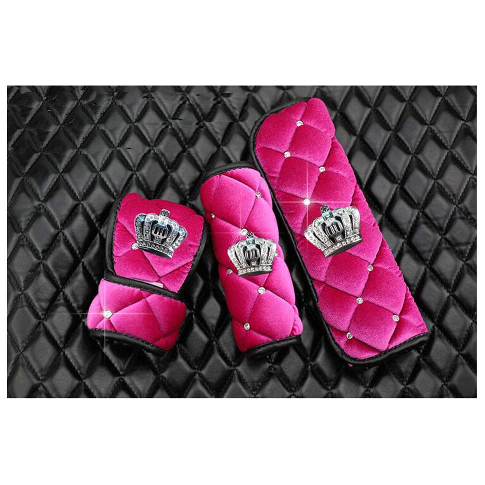 Plush Car Handbrake Grips Cover Diamond Crown Gear Shifter Cover Seat Belt Shoulder Pad Sets - Pink
