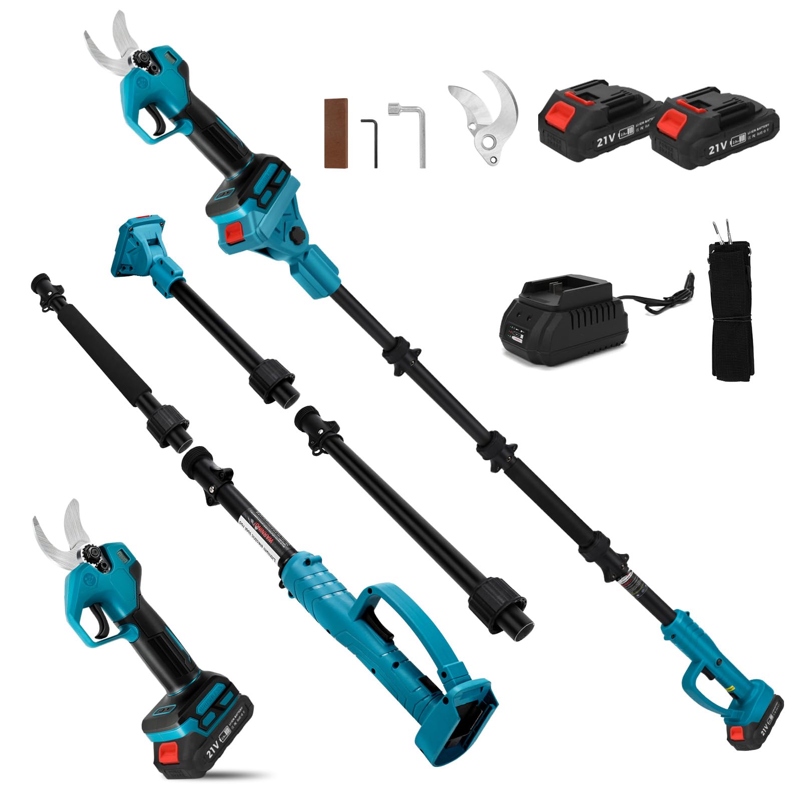 Tijeras de podar con batería de 2 x 2,0 Ah, tijeras de podar eléctricas 2 en 1 con barra de extensión de 2 m, diámetro de corte máximo de 30 mm, pantalla LCD, tijeras telescópicas extensibles hasta