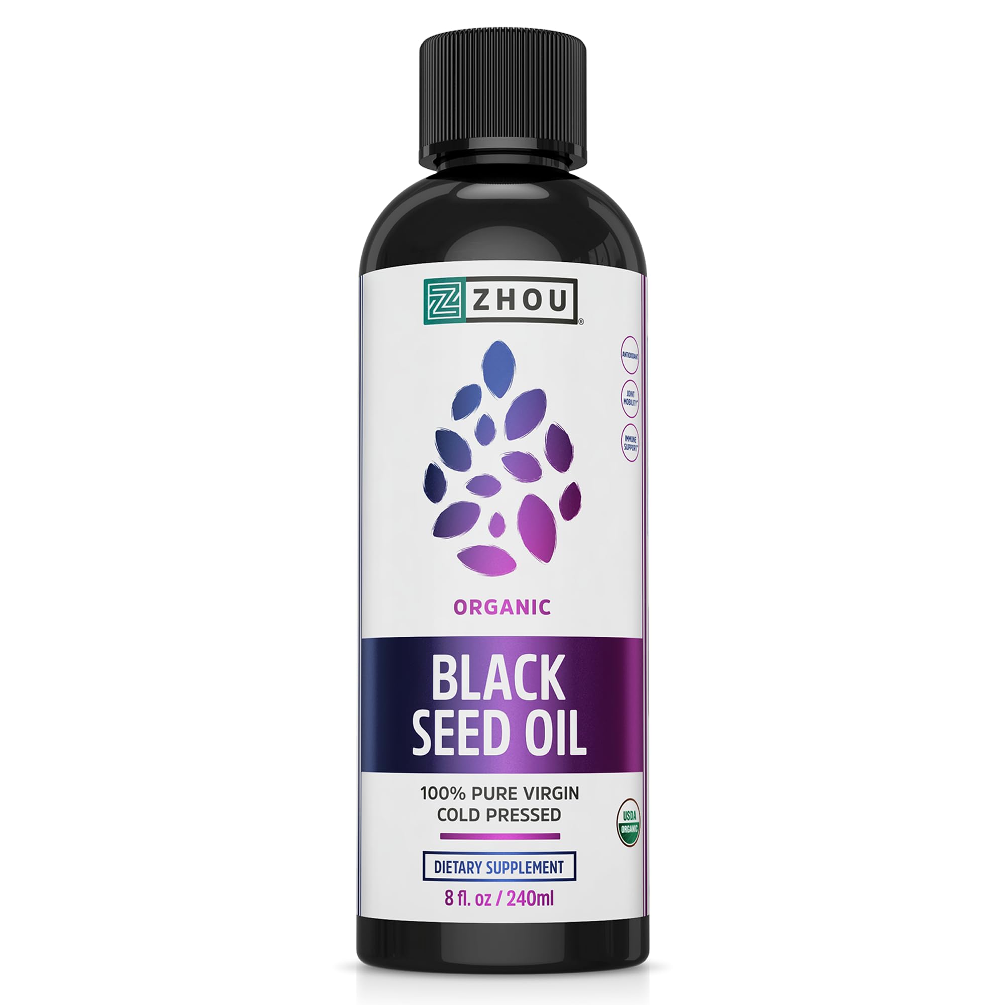 Zhou Organic Black Seed Oil - Black Cumin Seed Oil Cold Pressed, Nigella Sativa, Pure Unrefined Blackseed Liquid, Premium Supplement for Health with Thymoquinone, Omega 3 6 9 - 8 Fl Oz (Pack of 1)