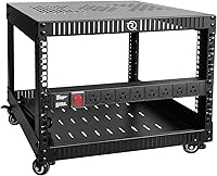 RIVECO 6U Open Frame Network Rack with Vented Plates, Casters, PDU & Shelf for 19" Servers, AV & Stereo Gear