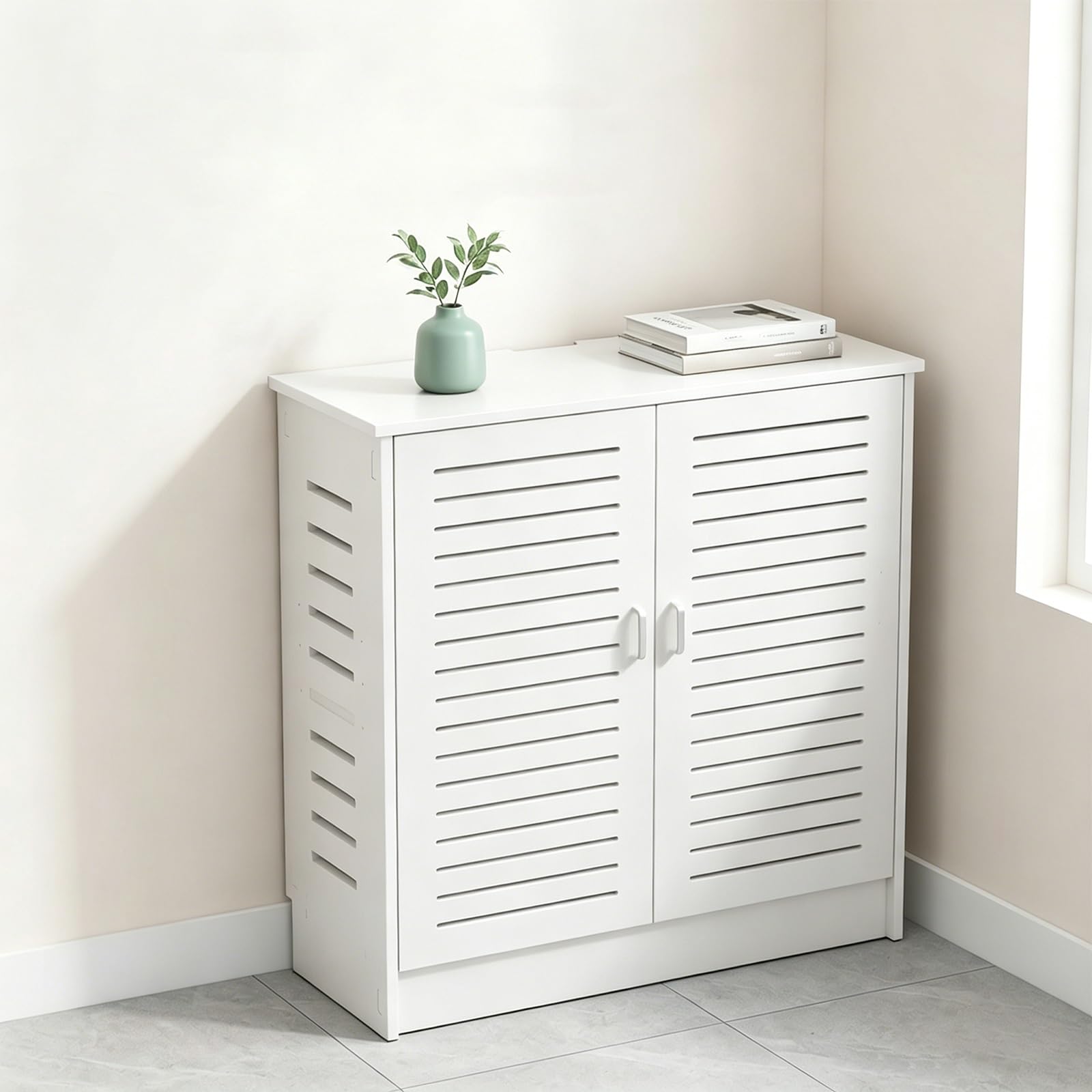 MESCXTY Modern WiFi Router Storage Cabinet with Adjustable Shelves,Double-Deck Media Cabinet,Power Strip and Cable Management Hider Organizer,Hollow Decorative(White,31.5 * 11.8 27.5in)