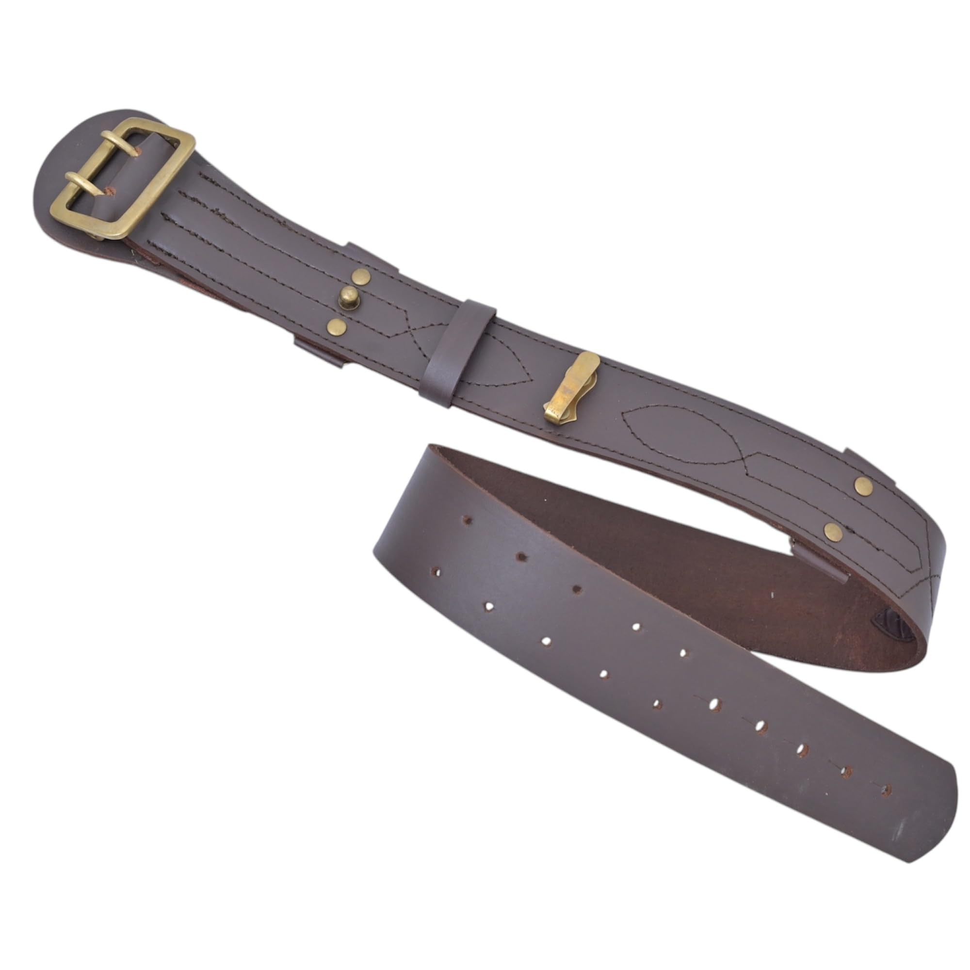 Sam Browne - Juego de cinturón con rana espada y nudo, cinturón de oficial militar marrón de cuero genuino con hebillas de latón, correa de hombro de tamaño ajustable, accesorio de uniforme táctico