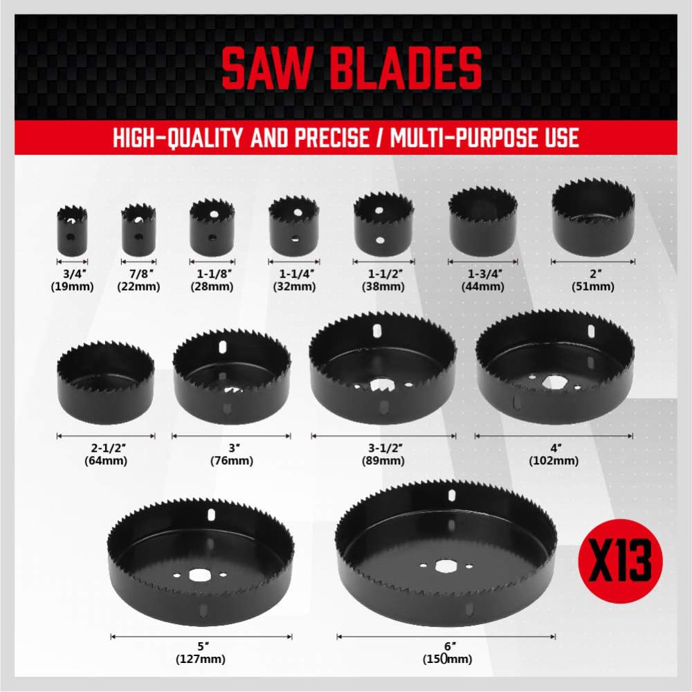 Juego de sierras perforadoras de 19 piezas Kit de sierras perforadoras con mandriles de sierra perforadoras de 3/4"-6" 19-152 mm Llave hexagonal con caja de almacenamiento Ideal para tableros de PVC