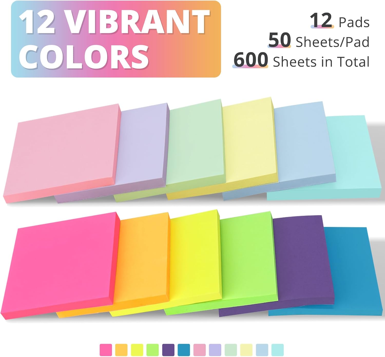 Sticky Notes, 12 Pads, Sticky Notes 3×3 Inches, Coloful Sticky Note Pads, Easy to Stick for School, Office and Home – Vibrant Colors