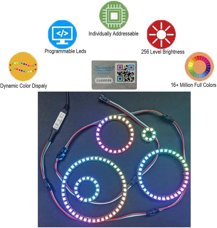 128 Bits WS2812 Addressable LED Ring with SM2.54-3P Wire, DC5V WS2812B 5050 RGB LED with Built-in Drivers Pixels Individual Controlling for Arduino Pi ESP8266 ESP32 Nodemcu (128 bits)