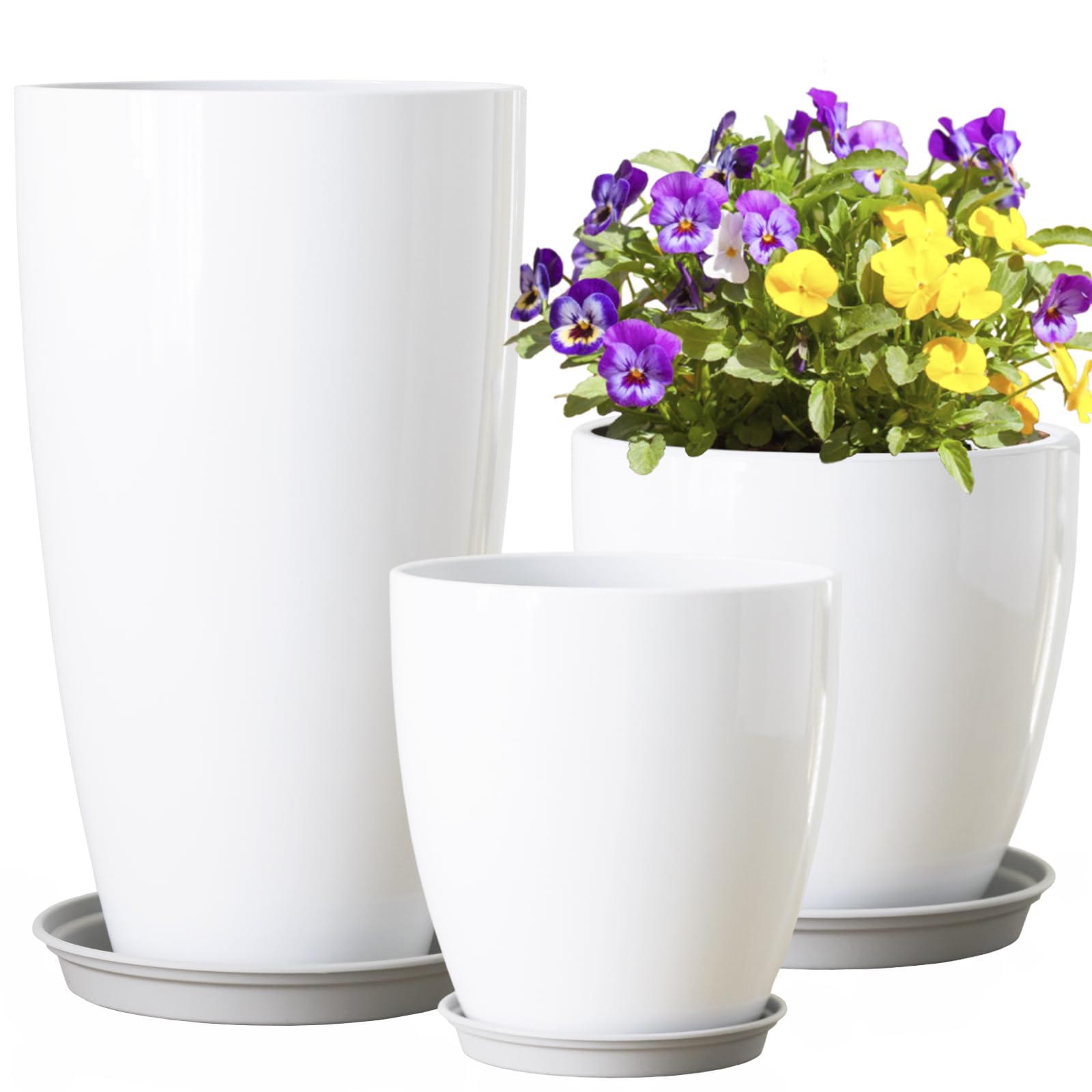 SE SUN-E Hohe runde Pflanztöpfe mit Drainagelöchern und Untersetzer Kunststoff-Dekorationspflanzgefäße für Innen- und Außenbereich, Garten, Zimmerpflanzen, weiße Blumentöpfe 3er-Pack 28+30+53CM Höhe